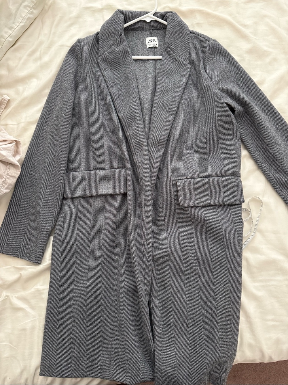 Zara Gray Herringbone Long Wool-Blend Pea Coat